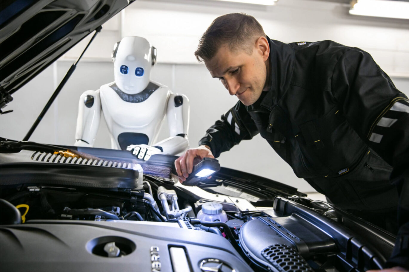 Katsastaja ja robotti tutkivat auton moottoria